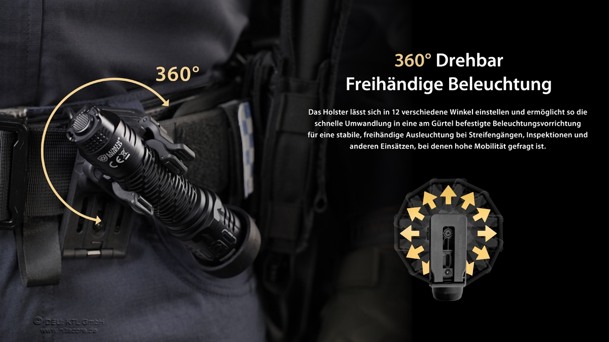 Um 360 Grad verstellbares Taschenlampenholster für freihändige Beleuchtung bei Inspektionen und Patrouillen.