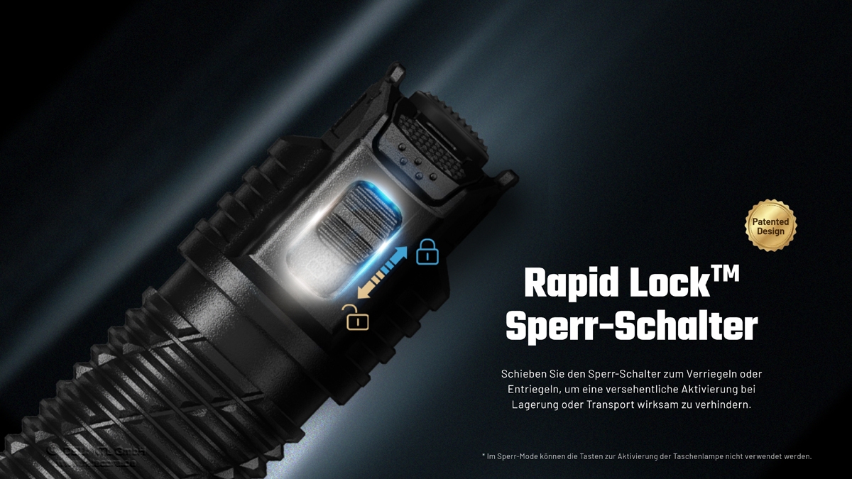 Nahaufnahme des Rapid Lock-Schalters einer Taschenlampe, der sein patentiertes Sicherheitsdesign zeigt.