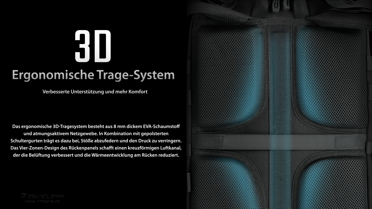 Nahaufnahme einer schwarzen Rucksackrückseite mit atmungsaktiver Netzpolsterung und einem ergonomischen 3D-Stützsystem.