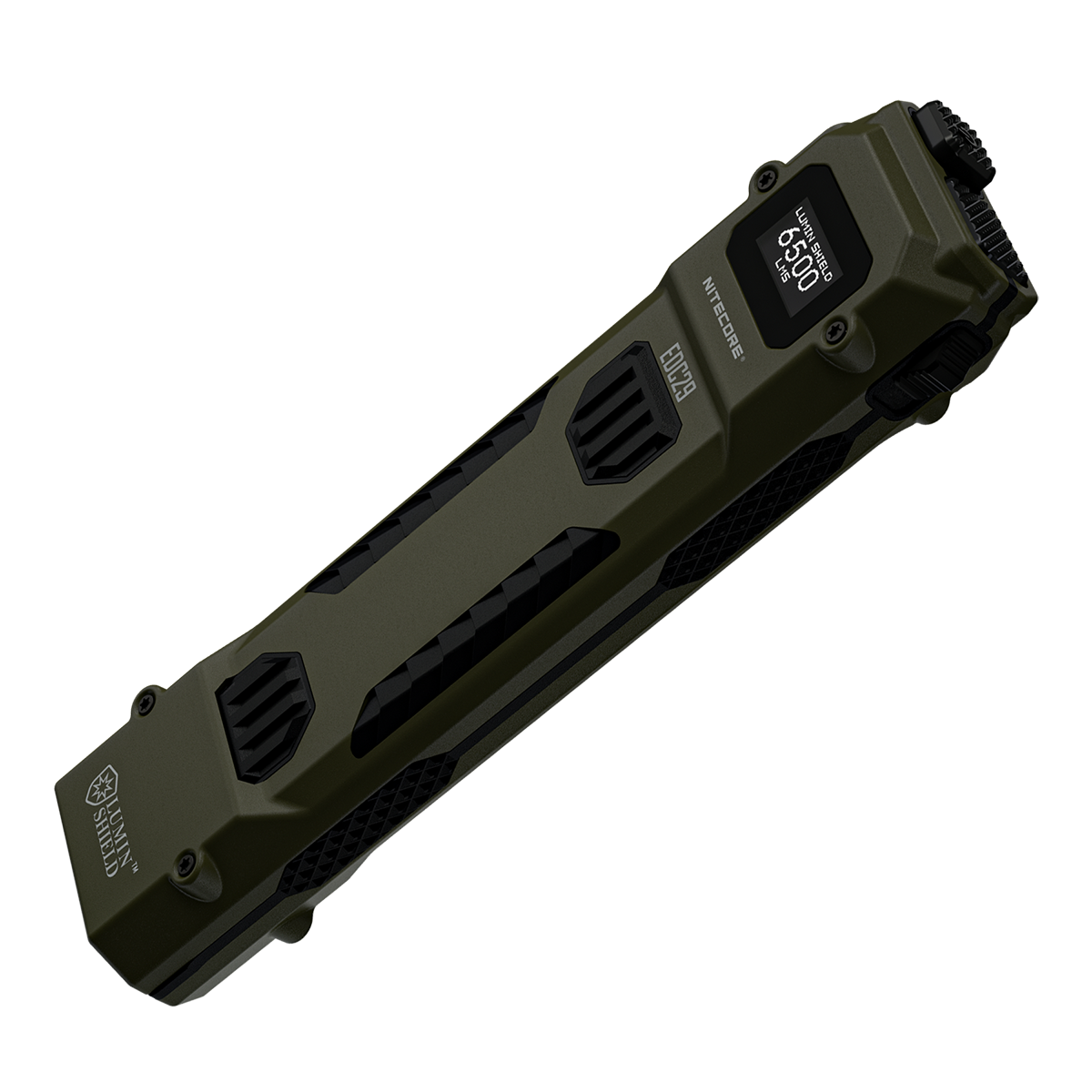 Eine taktische Nitecore EDC29-Taschenlampe in Olivgrün mit einer Digitalanzeige, die 6500 Lumen auf schwarzem Hintergrund anzeigt.
