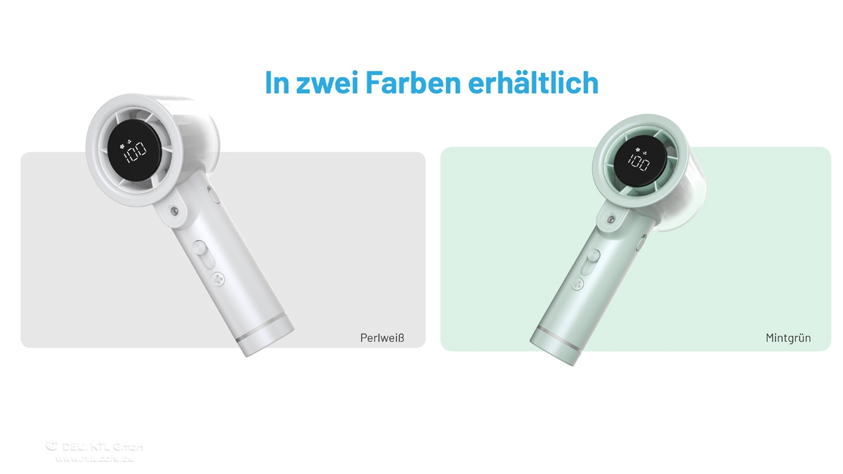 Zwei stilvolle Haartrockner, erhältlich in den Farben Perlweiß und Mintgrün, mit Digitalanzeige.