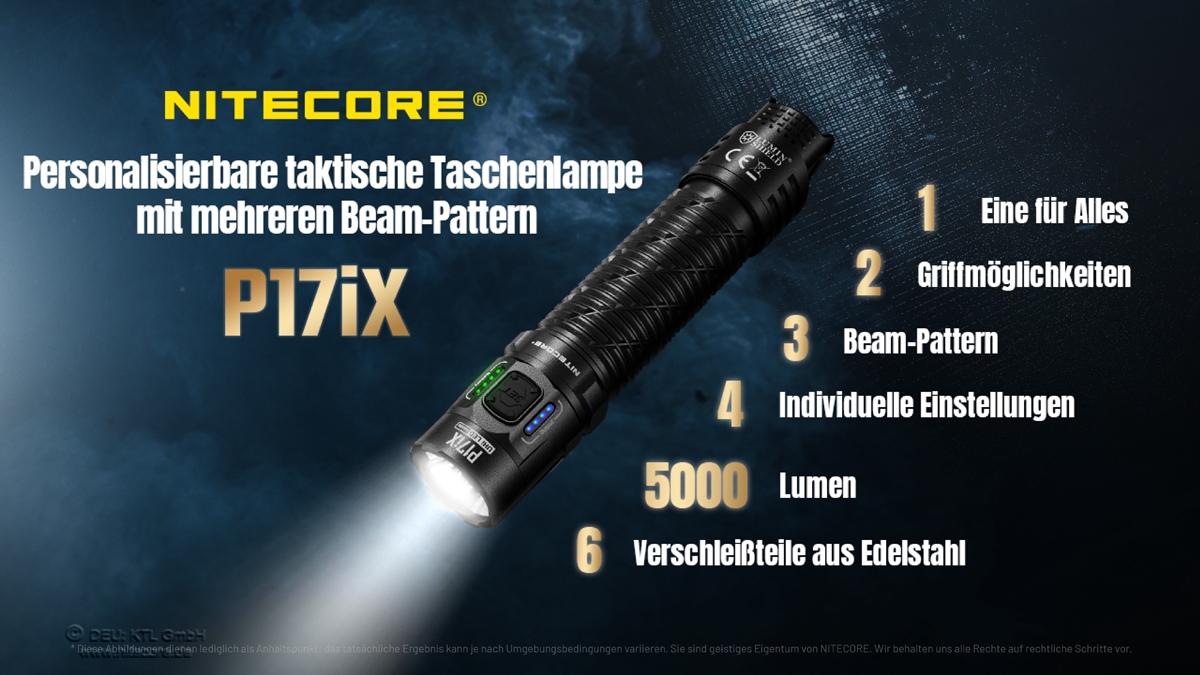 Nitecore P17iX taktische Taschenlampe mit anpassbaren Strahlmustern und 5000 Lumen Helligkeit.