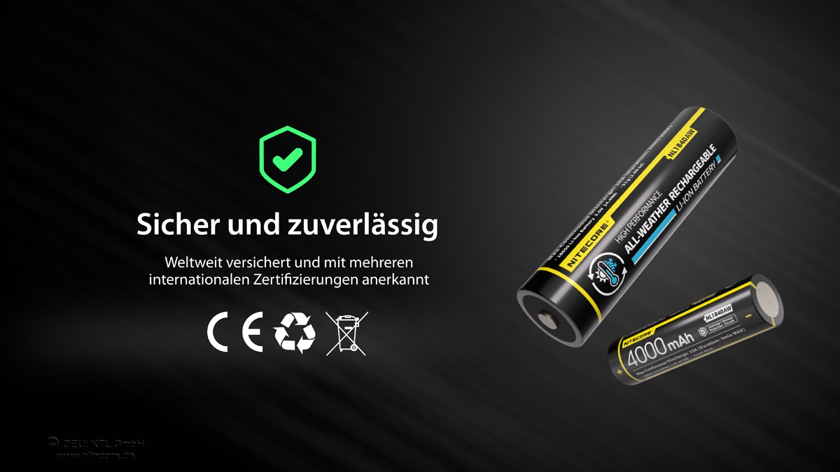 Zwei Allwetter-Lithium-Ionen-Akkus von Nitecore mit 4.000 mAh vor einem dunklen, professionellen Hintergrund.