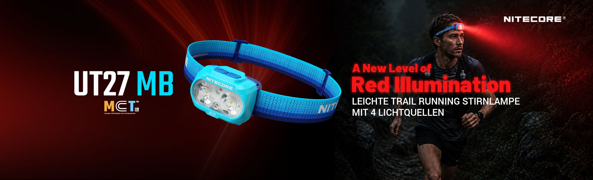 Nitecore UT27 MB-Stirnlampe mit blauem Riemen und ein Läufer, der die Rotlicht-Stirnlampe auf einem dunklen Weg trägt.
