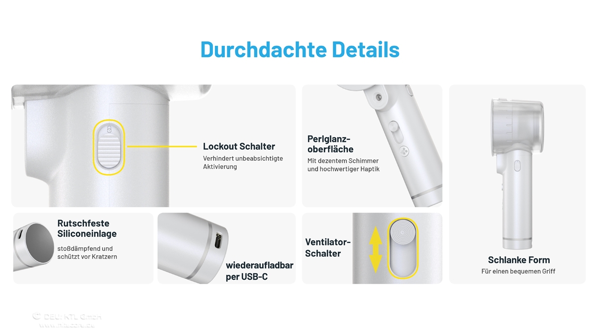 Innovative Haartrocknerfunktionen einschließlich Sperrschalter und USB-C-Aufladung für mehr Komfort.