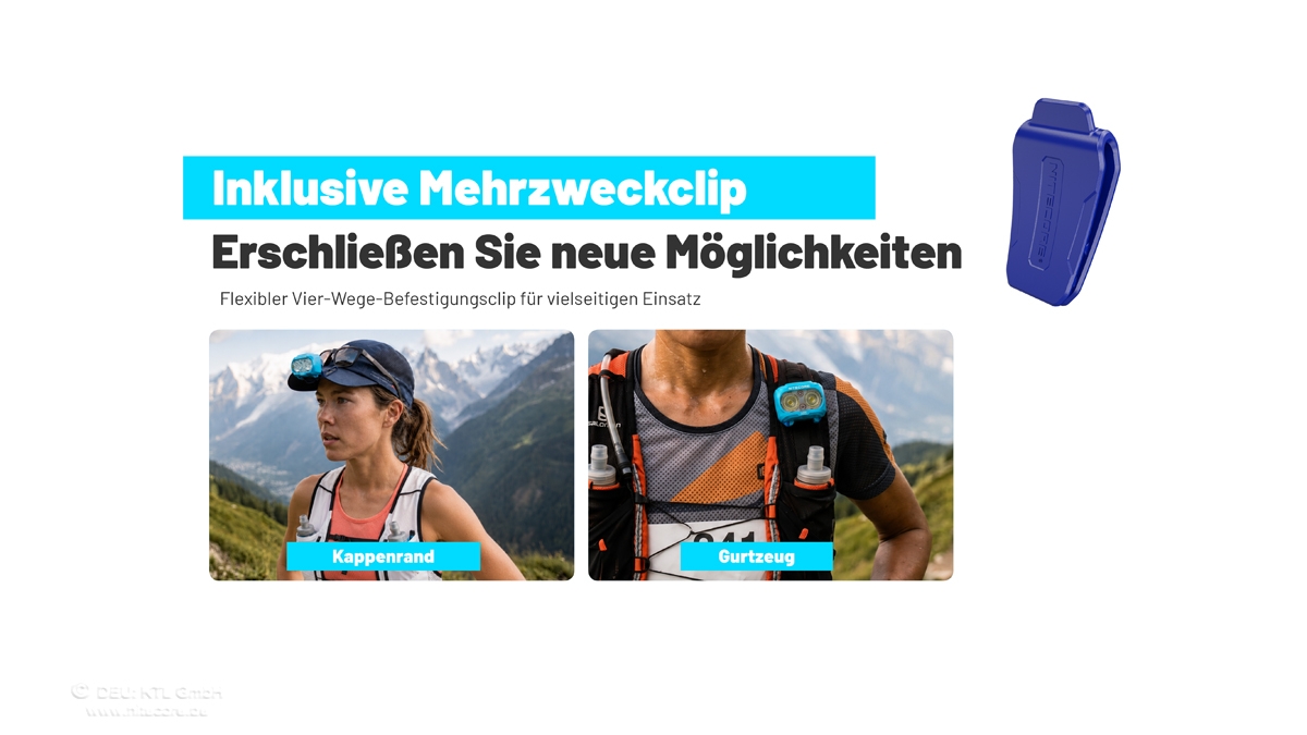 Ein blauer Mehrzweckclip, der an einer Laufmütze und einer Trinkweste befestigt ist und für vielseitige Beleuchtungszwecke geeignet ist.