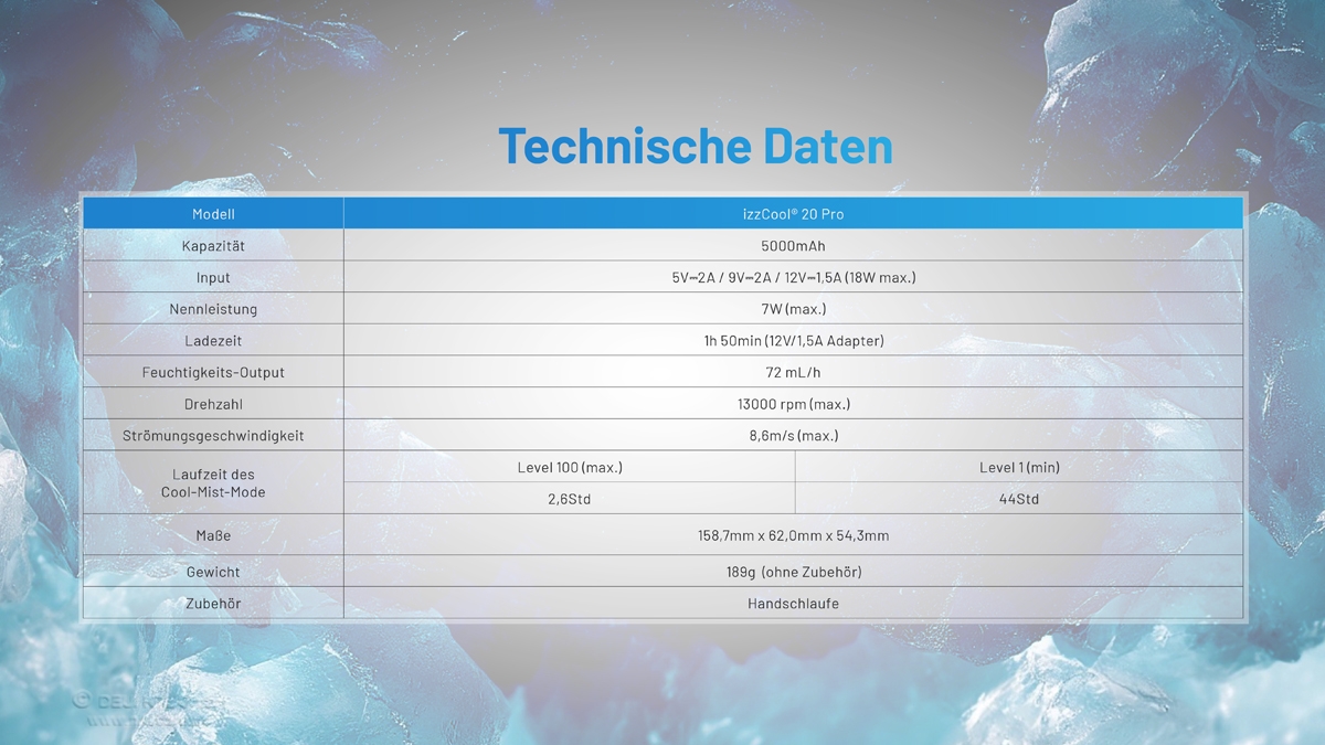 Technische Spezifikationen zum tragbaren Kühlgerät izzCool 20 Pro mit detaillierten Daten.